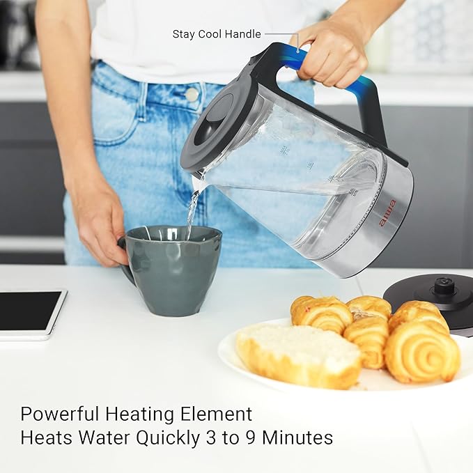 Aiwa 2 Liter Electric Water Kettle, 8.4 Cups Fast Hot Water Boiler, Glass Tea Kettle, with Blue LED Interior, Cordless Serving, Auto-Shutoff & Boil-Dry Protection, Black