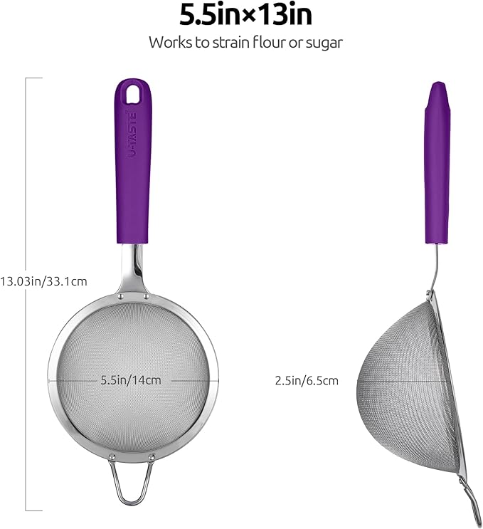 18/8 Stainless Steel Mesh Strainer: U-Taste 5.5 Inch Kitchen Fine Mesh Sieve Food Colander with Riveted Sturdy Silicone Handle and 30 Mesh Hole for Straining Flour, Pasta, Fruit, Quinoa (Purple)