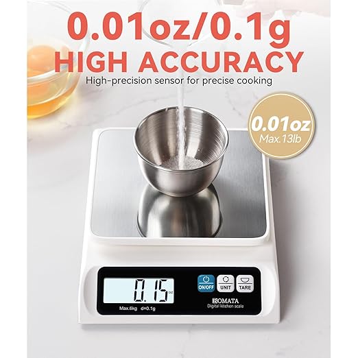 BOMATA 0.1g/ 13lb Food Scale, USB Rechargeable, Digital Kitchen Scale with Removable Stainless Steel Pan, Backlit LCD Display, for Cooking, Baking B621 White