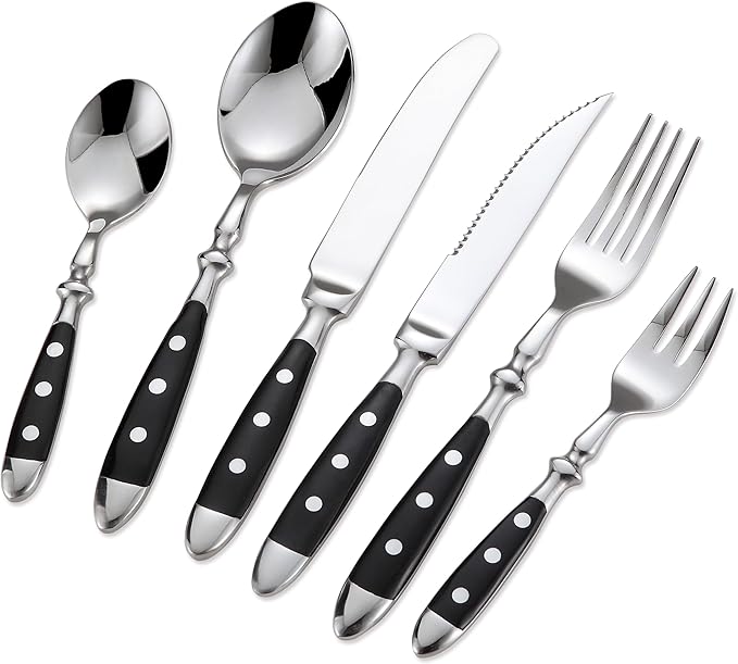 24-Piece 18/0 Stainless Steel Silverware set,Vintage Flatware set with Bakelite Handle,service for 4,Cutlery set (Black)