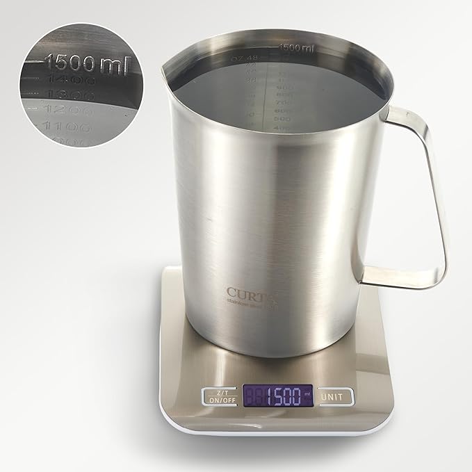 CURTA 18/8 Stainless Steel Measuring Cup with Handle and Pour Lip, Metal Pitcher with Oz and ML marking, 48OZ/1500 ML- 6 Cup), Heavy-Duty Pitcher