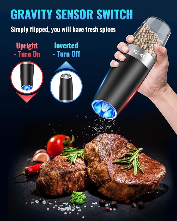 Gravity Electric Pepper and Salt Grinder Set, Adjustable Coarseness, Battery Powered with LED Light, One Hand Automatic Operation, 2 Pack -Black