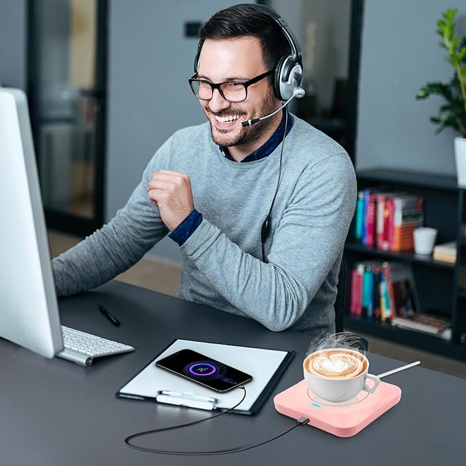 USB Coffee Mug Warmer: Candle Wax Warmer Smart Electric Cup Warmer Charge for Phone Home Desk Office Use Beverage Heating Plate with Gravity Switch for Hot Cocoa Milk Tea Water Pink