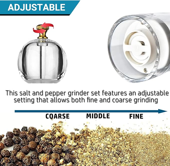 Pepper Grinder Set & Pepper Mills，Classic Manual Transparent Acrylic Rotor，2PCS 8IN High Capacity Pepper & Salt Grinder Seasoning Bottle，Ceramic Core With Adjustable Grain Size Mill for Fresh Spices