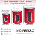 Mixpresso 3-Piece Red Canisters Sets For The Kitchen, Airtight Canister Set With See Through Window, Storage Jars for Coffee Container, Tea Organizer & Sugar Canister, Red Kitchen Canisters