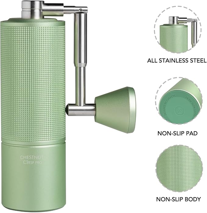 TIMEMORE Manual Coffee Grinder Stainless Steel Espresso Coffee Bean Grinder with Foldable Handle Chestnut C3 ESP PRO Internal Adjustable Setting, Double Bearing Positioning for Pour Over Coffee Green