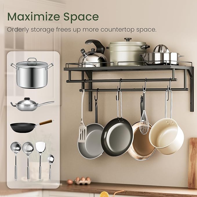 Hanging Pot Rack, Wall-Mounted Pot Rack, Kitchen Cookware Organizer, Metal Pot Rack Holder, for Cookware, Utensils Organization, Black TPR38BB