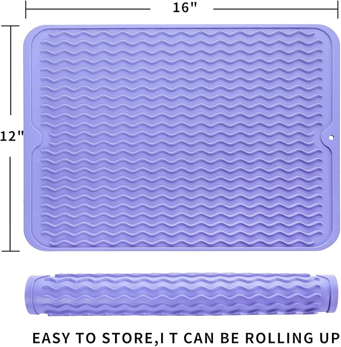 Silicone Dish Drying Mat for Multiple Usage,Easy clean,Eco-friendly,Heat-resistant Silicone Mat for Kitchen Counter or Sink,Refrigerator or drawer liner Light Purple L 16 inches x 12 inches