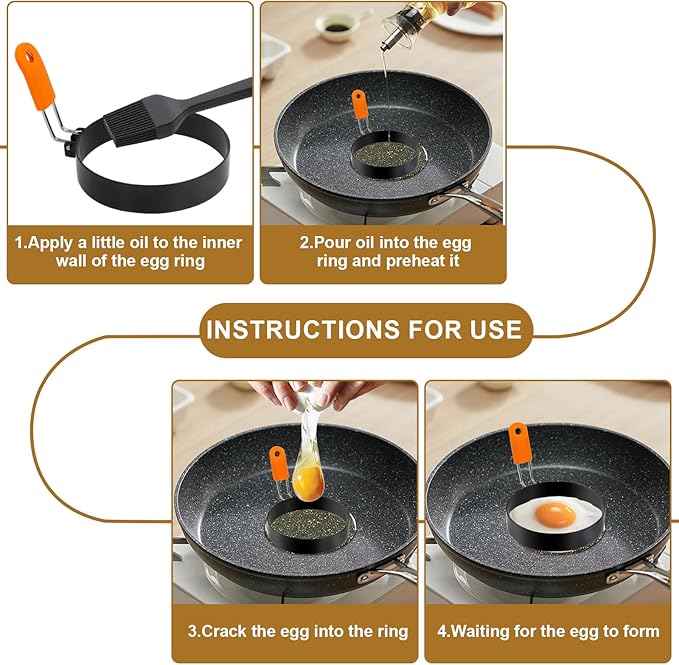 Egg Rings 3.5 Inch Pack of 4 with Silicone Handle Perfect Round Circle Mold Shaper for Frying Eggs Crumpet Pancakes Accessory for Home Camping Breakfasts