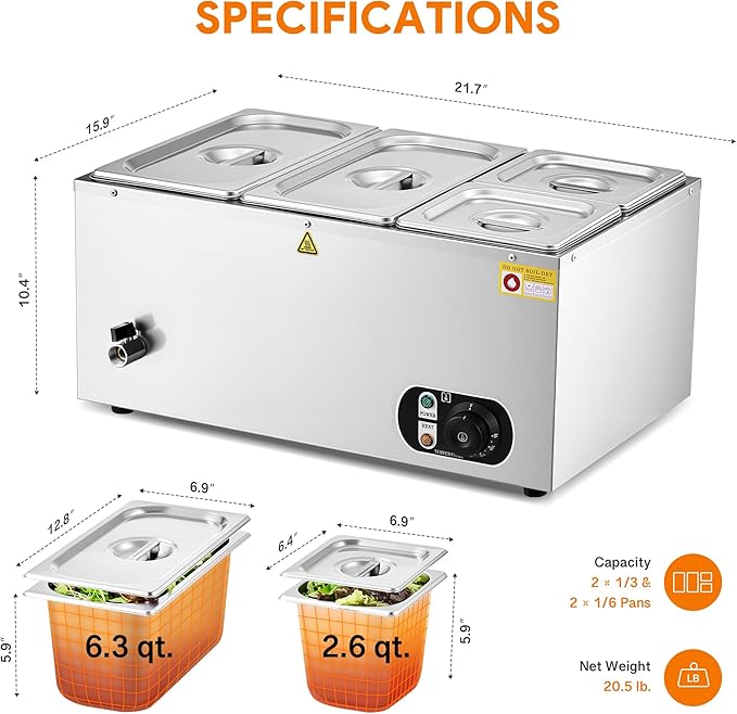 WILPREP Commercial Food Warmer with Two 1/3 & Two 1/6 Pans, 1500W Countertop Electric Warmer, 86-185°F Adjustable Temp Control, Stainless Steel Buffet Bain Marie