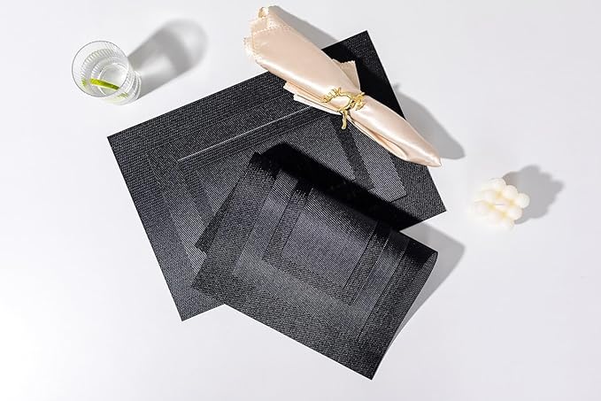 LEXMORE PlaceMats Set of 12 Vinyl/Plastic Woven Place Mats for Kitchen Table Indoor/Outdoor Washable PlaceMat Wipeable Dining Table Mats(Black Cube)