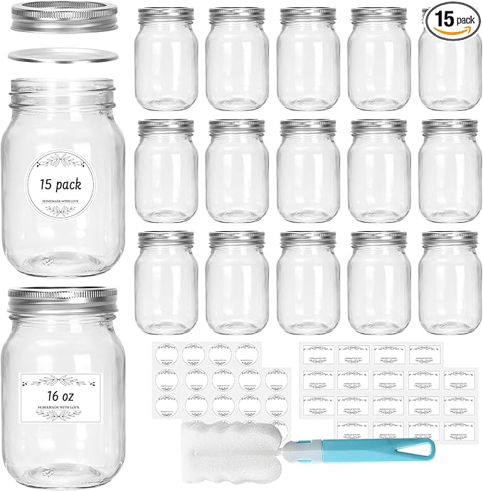 16 oz Glass Mason Jars, 15 Pack Regular Mouth Glass Canning Jars with Silver Aluminum Lids and Bands, Airtight Jam Jars for Food Storage, Pickling, Fermenting, Honey, Jelly, DIY Candles Decor