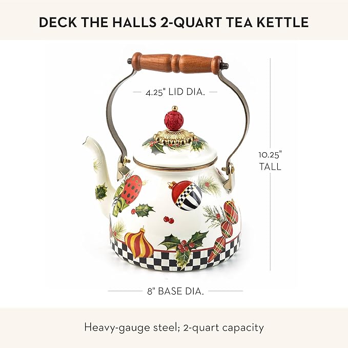 MACKENZIE-CHILDS Deck the Halls 2-Quart Enamel Tea Kettle, Christmas Tea Kettle for Stovetop