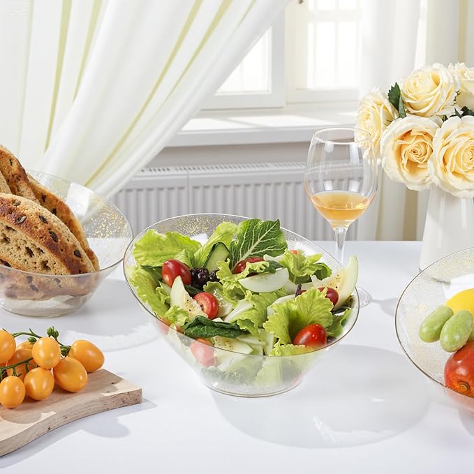 bUCLA 12 Pack Gold Glitter Plastic Serving Bowls - 54 OZ Angled Serving Bowls Disposable for Chip,Candy, Snack,Salad & Fruit - Ideal for Party & Wedding