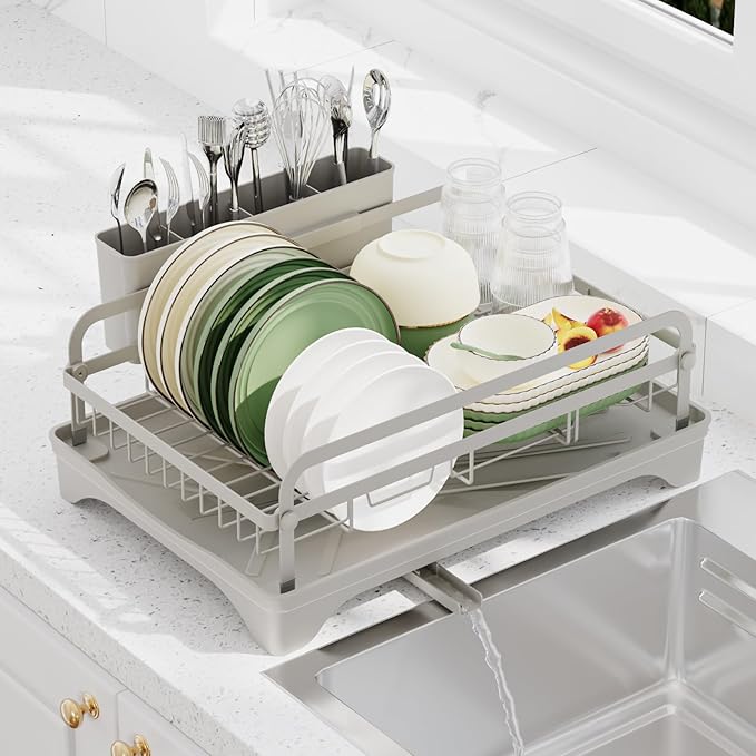 Dish Drying Rack - Space-Saving Dish Rack,Dish Racks for Kitchen Counter with Drainboard,Rustproof Countertop Dish Drainer with Utensil Holder for Sink Grey