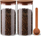 50 oz Coffee Canister with Scoop and Wooden Lids, Airtight Glass Coffee Jars Set of 2 for Ground Coffee, Coffee Beans Storage Container with Lids for Kitchen Brown Sugar, Coffee Bar