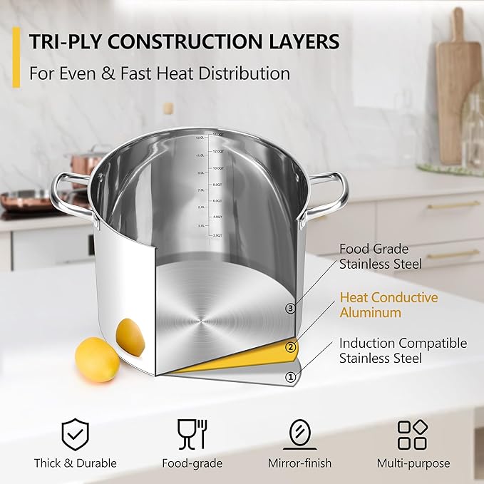 Homikit Large Stock Pot 14 Quart, Stainless Steel Chicken Soup Pot with Lid for Canning Steaming Stewing, Tri-ply Heavy Bottom Cooking Boiling Pasta Induction Stockpot, Dishwasher Safe