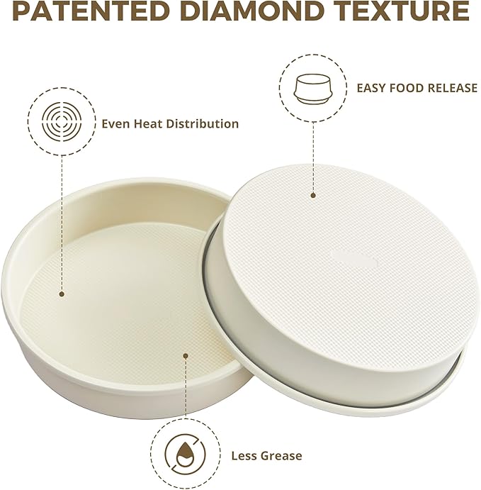 HONGBAKE 9 Inch Round Cake Pan Set of 2, Nonstick Ceramic Coating Cake Molds with Diamond Texture, Aluminized Steel Cake Pans Sets for Baking & Cheesecake, Heavy Duty & Non-Toxic (Cream, 2PCS)