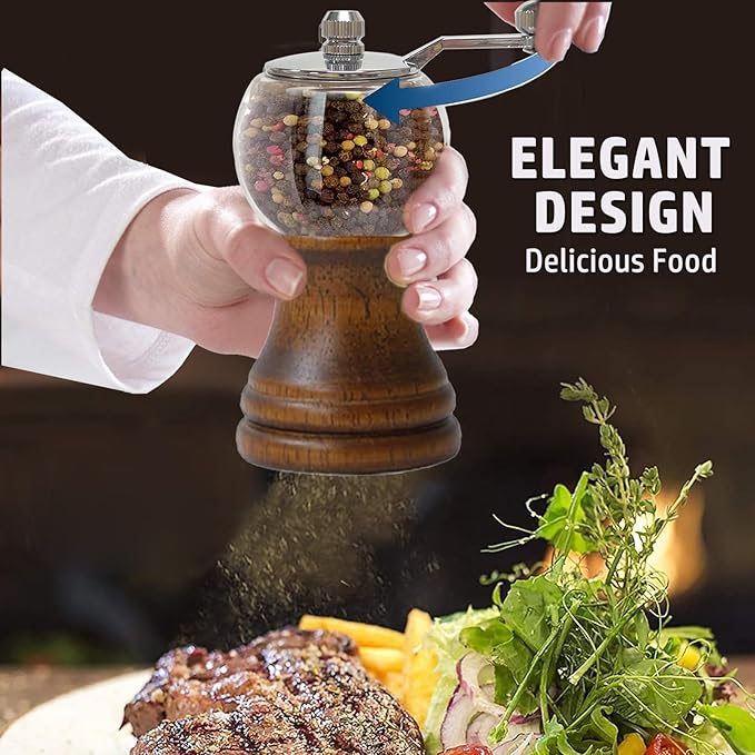 Manual Pepper Mill Acrylic Hand Crank Salt & Peppercorn Grinder Rustic Wooden Pepper Shaker with Adjustable Coarseness Ceramic Core, Metal Handle (Walnut color 1pcs-5in)