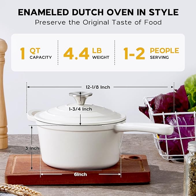 Onader 1QT Sauce Pan, Enameled Cast Iron Saucepan Dutch Oven Pot with Lid, Small Cooking Sauce Pot, Nonstick & Oven Safe – White