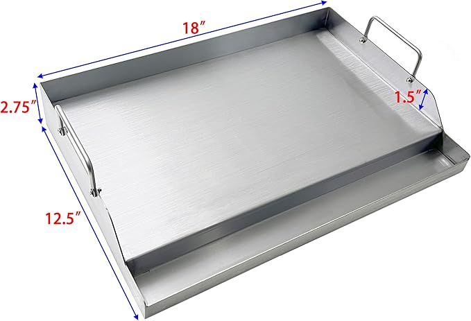 Direct Store Parts DS126 Stainless Steel BBQ Cooking Griddle, Universal Flat Top Griddle with 2 Handles for Most Gas Grills, W18"×D12.5"×H2.75", Heavy Duty Stainless Steel Griddle 1pc, Middle size