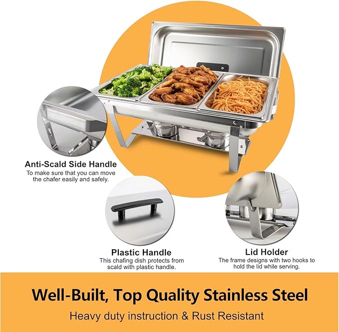 4 Pack 8QT Rectangular Chafing Dish Buffet Set Stainless Steel Catering Chafers Food Warmer with Full,Half,1/3 Food Pan,Fuel Holder,Foldable Frame For Weddings/Parties/Banquets Events