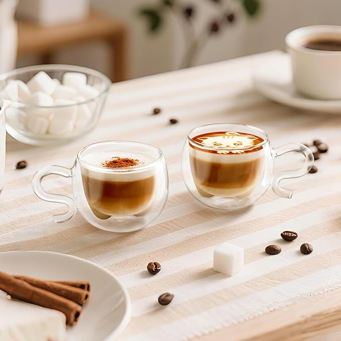 ecooe 4.4 Oz Cute Cat Double Wall Glasses Espresso Cups Set of 2, Demitasse Cups, Espresso Shots Coffee Cups Birthday Christmas Gifts for Women,Men, Mum, Kids, 130 ml (full capacity)