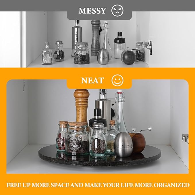 Koville 16'' Black Marble Lazy Susan for Kitchen Counter, Marble Turntable for Dinning, Lazy Susan Organizer for Cabinet, Serving Rotation Spinning Tabletop Organizer Swiveling, Spice Rack Storage