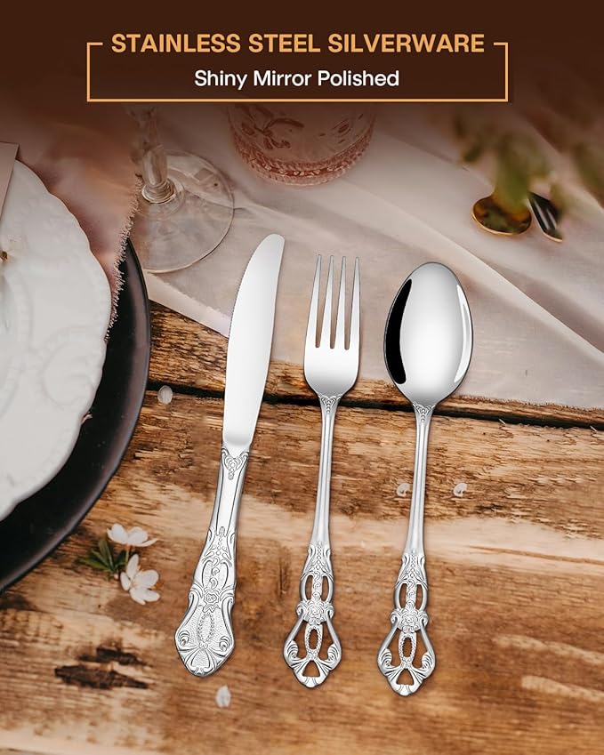 EUIRIO 30 Pieces Royal Silverware Set for 6, Gorgeous Retro Flatware Set, Premium Stainless Steel Vintage Cutlery Set Utensils with Forks Spoons and Knives, Dishwasher Safe