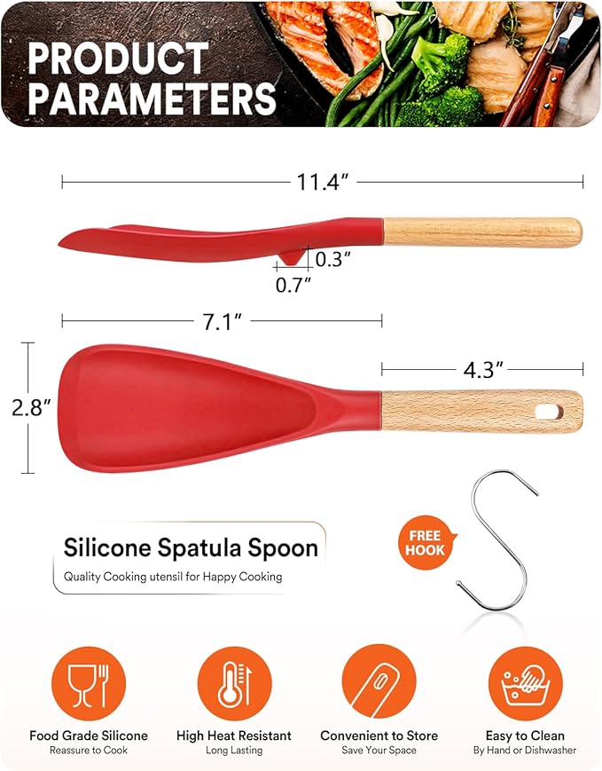 Cooking Spoon for Nonstick Cookwares, Great for Cooking and Serving Sturdy BPA-Free Matte Silicone, Wood Handle Spoon for Mixing, Scoop, and Scrape (RED)