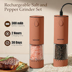 Electric Salt and Pepper Grinder Set Rechargeable with LED Lights, Automatic Pepper & Salt Mill, Adjustable Coarseness, Large Capacity, Brown