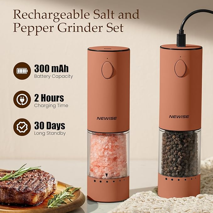 Electric Salt and Pepper Grinder Set Rechargeable with LED Lights, Automatic Pepper & Salt Mill, Adjustable Coarseness, Large Capacity, Brown