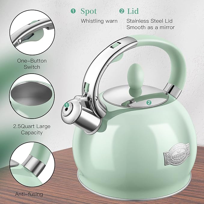 Tea Kettles Stovetop, 2.64 Quart Induction Whistling Tea Kettles Food Grade Stainless Steel Teapots with Cool Touch Handle Mint Green