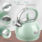 Tea Kettles Stovetop, 2.64 Quart Induction Whistling Tea Kettles Food Grade Stainless Steel Teapots with Cool Touch Handle Mint Green