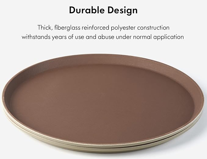 CURTA 2-Pack Restaurant Grade Non-Slip Tray, NSF, 16 Inch, Plastic Rubber Lined Anti-Skid Round Serving Tray, Brown
