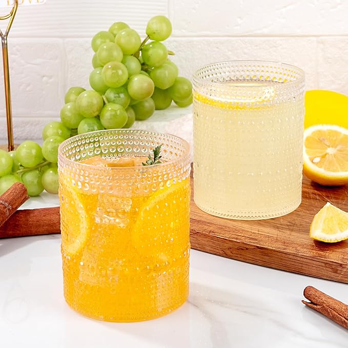 18PCS Plastic Hobnail Drinking Glasses - 14 Oz Clear Vintage Glasses Drinkware - Disposable Beaded Cups for Beer, Whiskey, Juice, Cocktail, Wine, Party