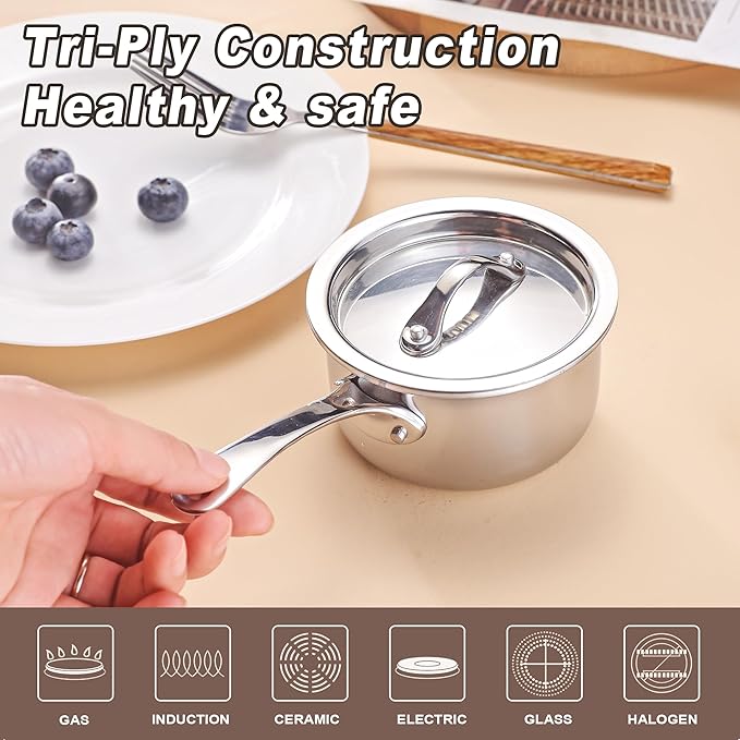 Mini Sauce Pan with Lid, Tri-Ply Stainless Steel Pot with Stay-Cool Handle & All Cooktop Compatibility (Gas, Ceramic, Electric) - Silver