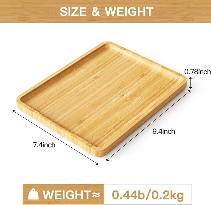 Square Bamboo Serving Tray with Handles - 9.4x7.4 Inch Rustic Wooden Platter for Coffee, Kitchen, Living Room & Party (Lightweight, Splinter-Free & Oil-Coated)