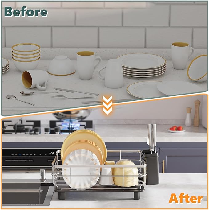 Stainless Steel Dish Drying Rack with Drainboard Dish Drainers for Kitchen Counter Extendable Spout Strainers with Utensil Holder and Knife Slots, Black