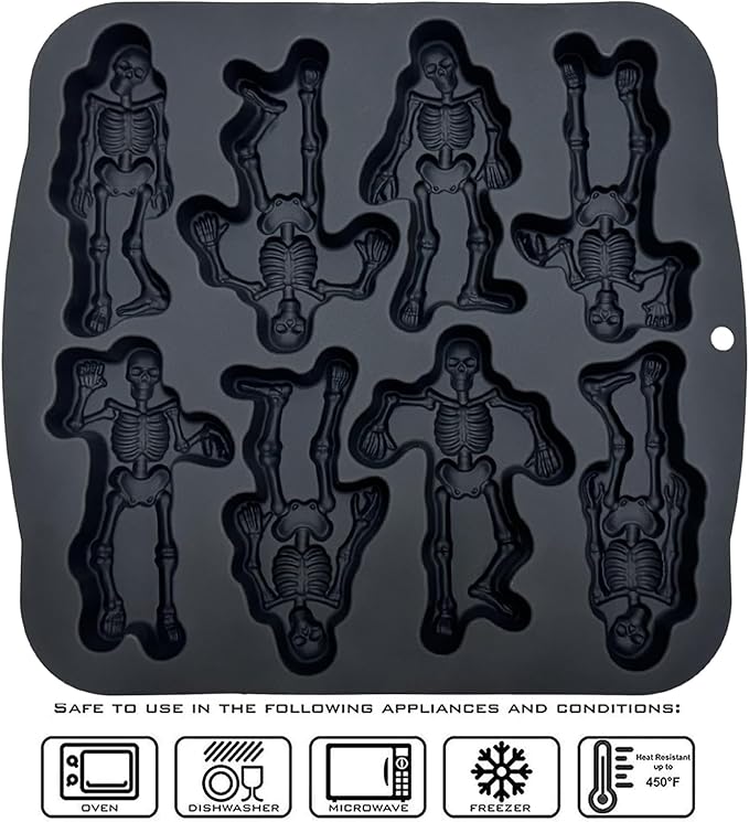 JETKONG 8 Cavity Skeleton Baking Mold Skeleton Shaped Cakelet Mold Silicone Skull Baking Pan Molds (Black)