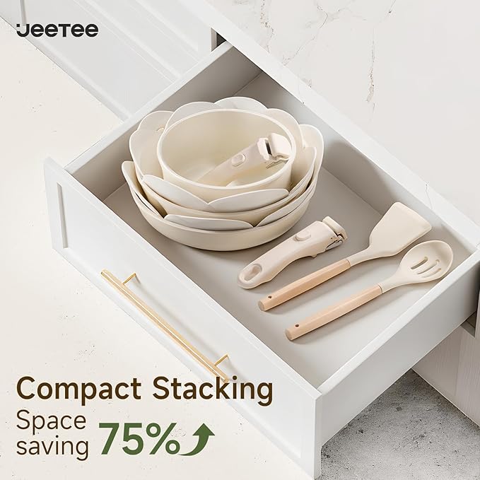 JEETEE Pots and Pans Set Non Stick 19pcs, Kitchen Cookware Sets with Detachable Handle, Induction Nonstick Cookware Set with Removable Handle, Stackable RV Cookware, Oven Safe, PFAS/PFOA Free, Beige