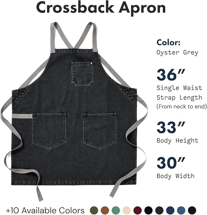 hedley & bennett Crossback Apron - Crossback Chef Apron with Pockets - 100% Cotton Denim, 8oz - Oyster Grey