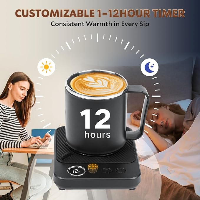 Coffee Mug Warmer & Mug Set for Desk, 36W Mug Warmer with Temperature Display, 1-12H Timer & 6 Temperature Settings, Fast Heating, Auto Shut Off, Smart Coffee Cup Warmer for Coffee (Black Set)