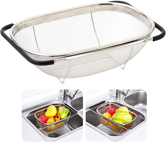 Over The Sink Stainless Steel Oval Colander with Expandable Rubber Grip Handles Strainers, Fine Mesh Strainer Basket Kitchen 6 Quarts Colander for Strain, Drain, Rinse Fruits, Vegetables