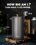 POLIVIAR French Press Coffee Maker, 34 Ounce Coffee Press with Real Wood Handle, Double Wall Insulation & Dual-Filter Screen, Food Grade Stainless Steel for Good Coffee and Tea (Cliff)