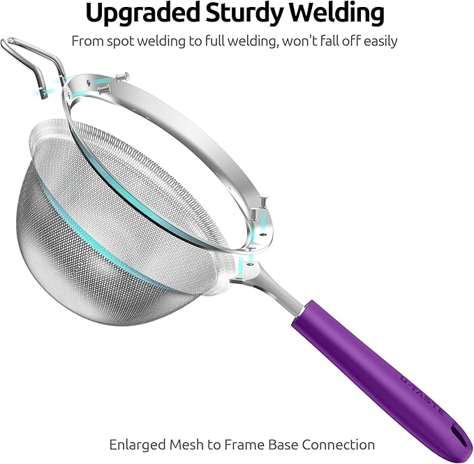 U-Taste Medium Fine Mesh Strainer: 18/8 Stainless Steel 4.73in 30 Mesh Kitchen Food Sieve with Sturdy Riveted Silicone Handle, Heavy Duty Deep Handheld Metal Colander for Rice, Quinoa, Flour (Purple)
