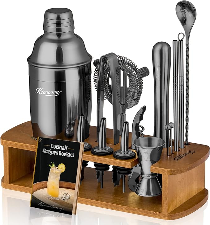 KITESSENSU Cocktail Shaker Set Bartender Kit with Stand | Bar Set Drink Mixer Set with All Essential Bar Accessory Tools: Martini Shaker, Jigger, Strainer, Mixer Spoon, Muddler, Liquor Pourers | Black