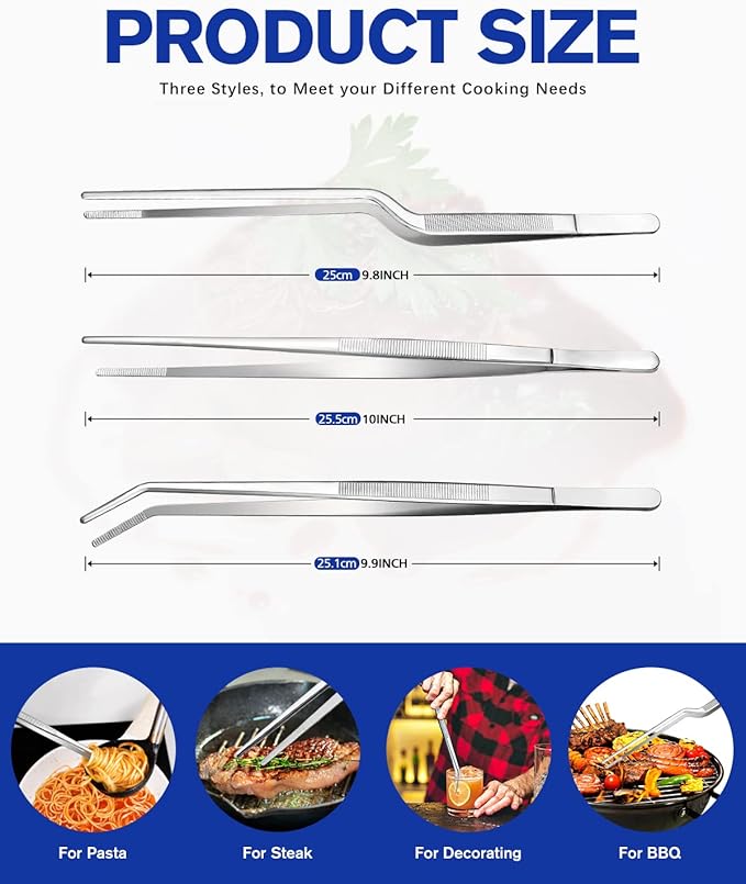 Fine Cooking Tweezers Set, Professional Stainless Steel Food Tongs, Kitchen Black Long Chef Tweezer for Cooking, Plating, Decorating and BBQ (SILVER, 10 inch)