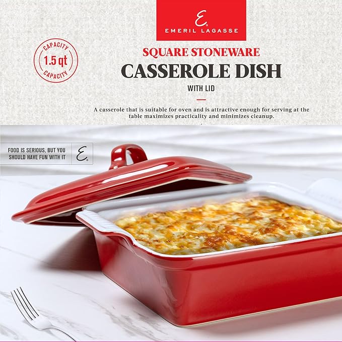 Emeril Lagasse Square Stoneware Baking Dish - 1.5Qt Lasagna Baking Dish, Perfect for Casseroles, Lasagna, and More!