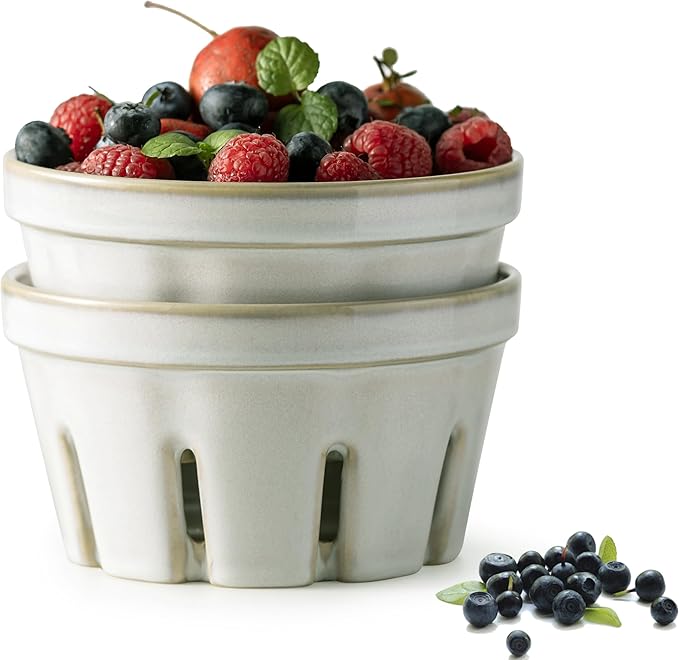Gomakren Fruit Bowl with Holes, Ceramic Berry Basket Set of 2, 5.8 Inch Round Fruit Basket for Kitchen, Berry Containers Colander - Farmhouse Kitchen Decor, White